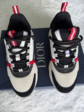 Authentic Dior B22 Black White Red Mesh & Leather Runner Sneakers